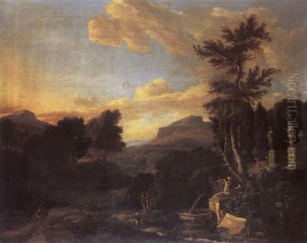 An Italianate Landscape With Figures Resting Before A Fountain Oil Painting by Jan Joost van Cossiau