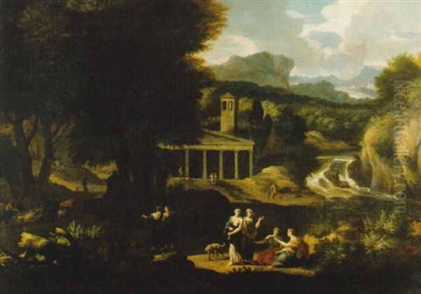 A Mountainous Classical Landscape With Figures Conversing In The Foreground Oil Painting by Jan Joost van Cossiau