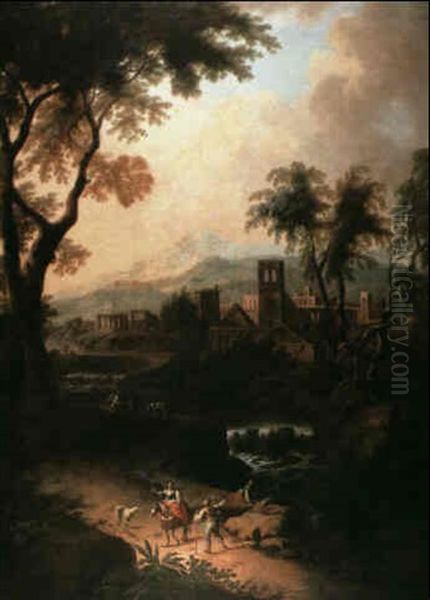 An Extensive Landscape With Figures Conversing On A Path    Before A Waterfall Oil Painting by Jan Joost van Cossiau