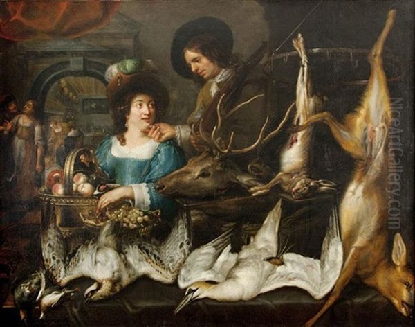 A Man And A Woman With The Day's Hunt Oil Painting by Jan Cossiers