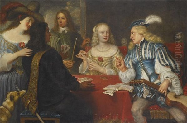 An Elegant Company Playing A Game Of Cards Oil Painting by Jan Cossiers