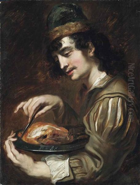 A Man Holding A Pewter Charger With A Chicken Oil Painting by Jan Cossiers