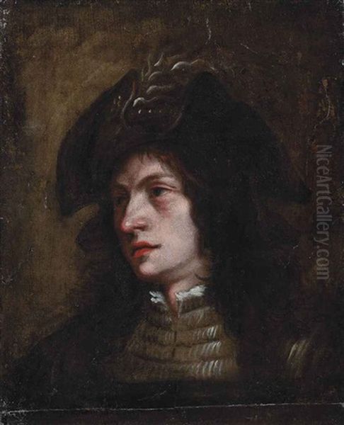 Portrait Of A Gentleman, Bust-length, In A Brown Coat, Wearing A Tricorn Hat With A Feather Oil Painting by Jan Cossiers