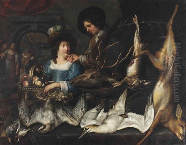 A Man And A Woman With The Day's Hunt, The Head Of A Red Deer, A Hare, A Roe Deer, A Hawk, A Northern Gannet And Fruits Displayed On A Table... Oil Painting by Jan Cossiers