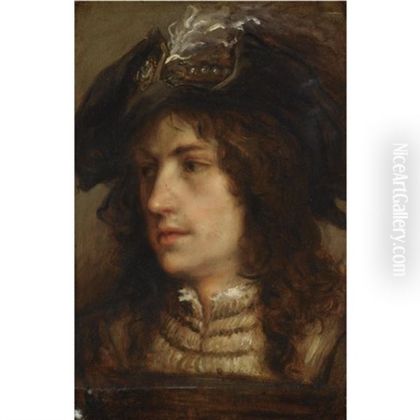 Portrait Of A Young Man With A Feathered Beret, Wearing A Brown Tunic And A White Chemise Oil Painting by Jan Cossiers