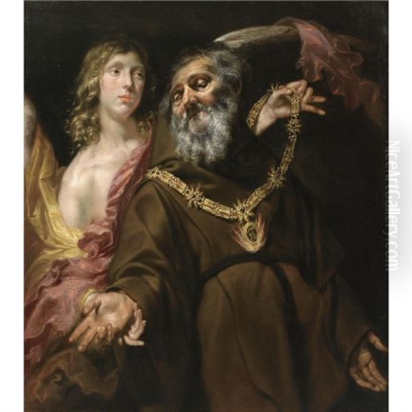 Saint Francis Of Paola Receiving The Arms From Saint Michael In A Vision Oil Painting by Jan Cossiers