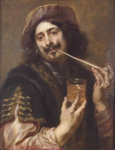 Portrait Of A Gentleman (adriaen Brouwer?) In A Dark-blue Fur-trimmed Coat And A Scarlet Hat, Smoking A Pipe And Holding A Glass Oil Painting by Jan Cossiers