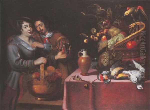 A Gentleman Courting A Maid Holding A Copper Basket And Roemer By A Draped Table With A Basket Of Fruit, Dead Game And A Parrot Oil Painting by Jan Cossiers