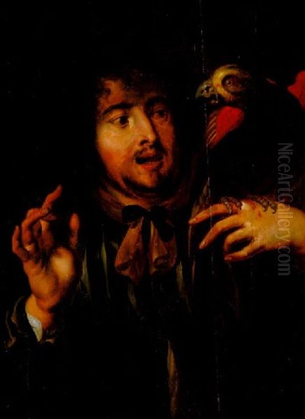 A Young Man Holding A Parrot On His Left Hand Oil Painting by Jan Cossiers