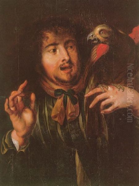 A Young Man Holding A Parrot On His Left Hand Oil Painting by Jan Cossiers