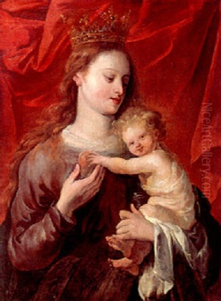 Madonna And Child Before A Red Curtain Oil Painting by Jan Cossiers