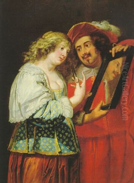 Ein Liebespaar, Der Kavalier Halt Seiner Dame, Die Sich Die Locken Wickelt, Einen Spiegel Vor Das Gesicht Oil Painting by Jan Cossiers