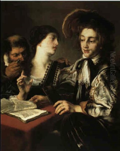 Scholar, Young Musician And A Companion Seated At A Table Oil Painting by Jan Cossiers