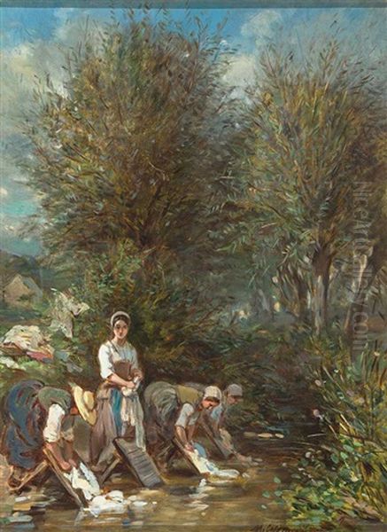 Junge Wascherinnen An Einem Von Weidenbaumen Gesaumten Bachlauf An Einem Heisen Sommertag Oil Painting by Herman Maurice Cossmann