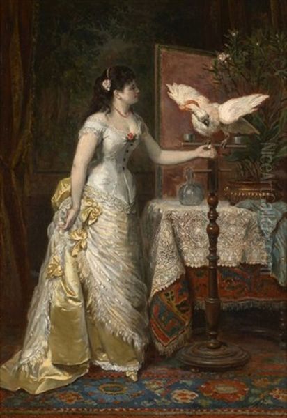 Elegante A L'ara Blanc Dans Un Interieur Oil Painting by Herman Maurice Cossmann