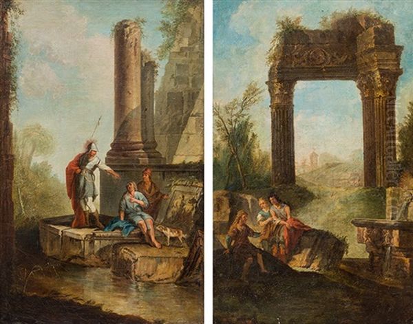 Landscape With Ruins And Staffage (counterparts) Oil Painting by Angelo Maria Costa