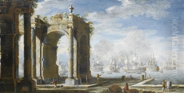 A Mediterranean Port Scenes With Classical Ruins And Naval Engagements Between Turks And Christians Beyond (2) Oil Painting by Angelo Maria Costa