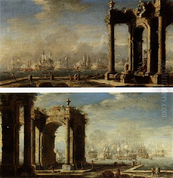 Mediterranean Port Scene With Classical Ruins And A Naval Engagement Between Turks And Christians Beyond by Angelo Maria Costa