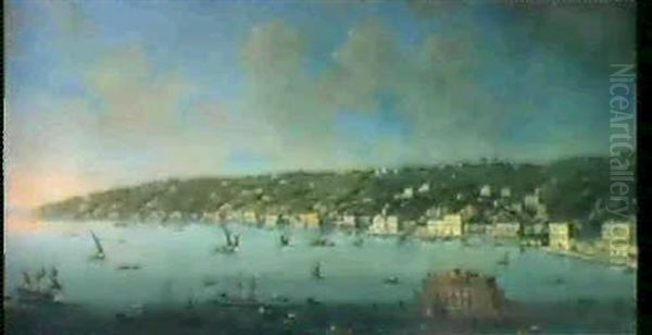 A Panoramic View Of Naples With Posillipo And The Castel    Dell'ovo, Galleys And Other Shipping In The Foreground Oil Painting by Angelo Maria Costa