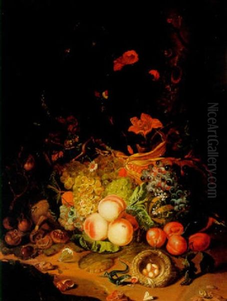 A Still Life With Peaches, Plums, Grapes, Nuts And Flowers With A Lizard Eating A Broken Egg From A Bird's Nest In The Oil Painting by Antonio Costa