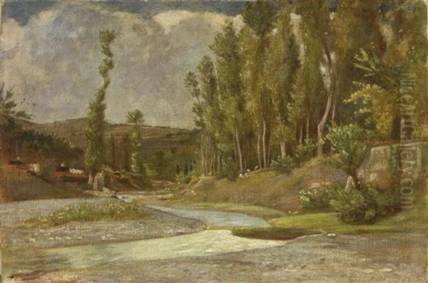 Veduta Di Un Torrente Circondato Da Gruppi Di Pioppi Oil Painting by Giovanni Costa