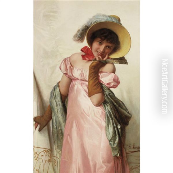 Lady In A Pink Dress And Fan Oil Painting by Giovanni Costa