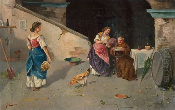 Il Pranzo (cortile Mit Zwei Jungen Neapolitanerinnen, Die Einem Geistlichen Ein Mahl Servieren) Oil Painting by Giuseppe Costa