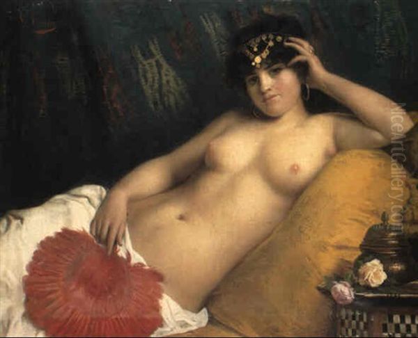 An Odalisque With A Red Fan Oil Painting by Giuseppe Costa