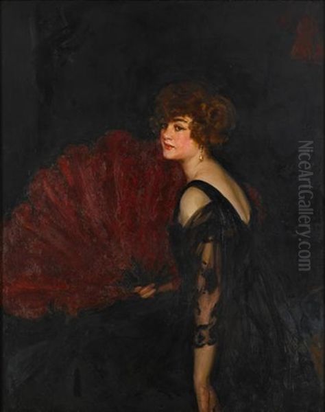 Lady With Red Ostrich Feather Fan Oil Painting by John da Costa