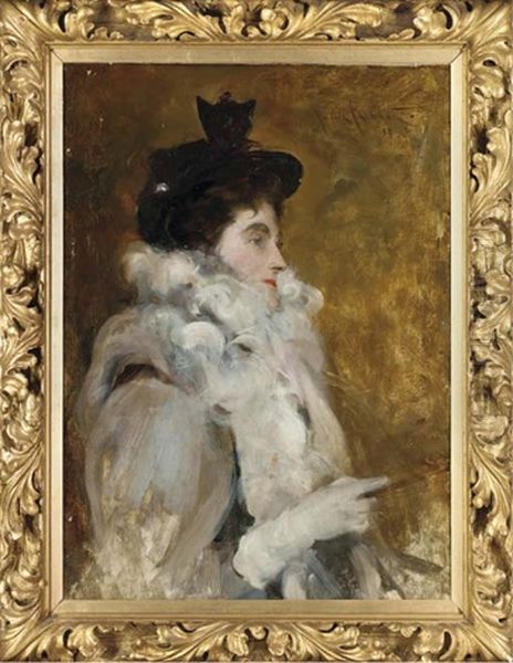 Portrait Of Emilia Frances, Lady Dilke, Half-length, In A Grey Dress With Fur Trim Oil Painting by John da Costa