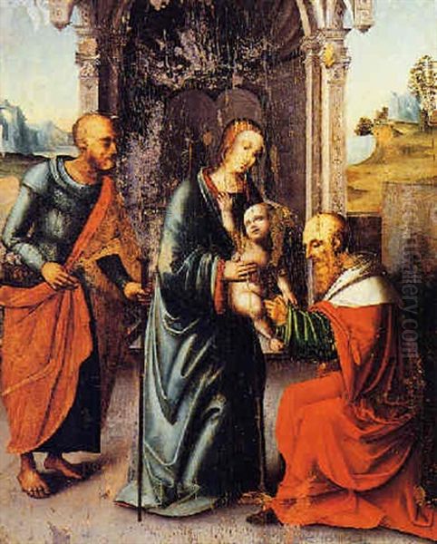 La Madonna Col Bambino E Due Figure In Un Paesaggio Oil Painting by Lorenzo Costa