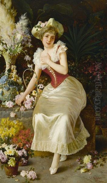 A Young Lady With Flowers Oil Painting by Oreste Costa