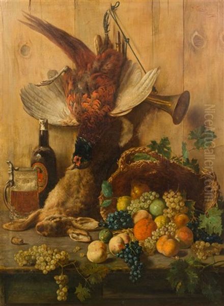 Still Life With Game, Tankard And Fruit Oil Painting by Oreste Costa