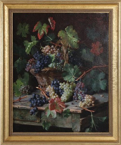 Harvest Of Grapes On Rustic Table Still Life Oil Painting by Oreste Costa