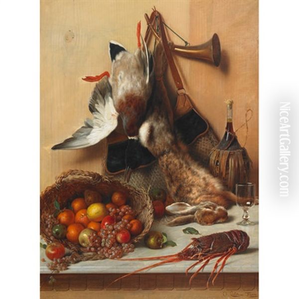 Hunting Bounty (+ Fishing Bounty (against Tromp L'oeil Wood-grained And Stucco Brick Walls); Pair) Oil Painting by Oreste Costa