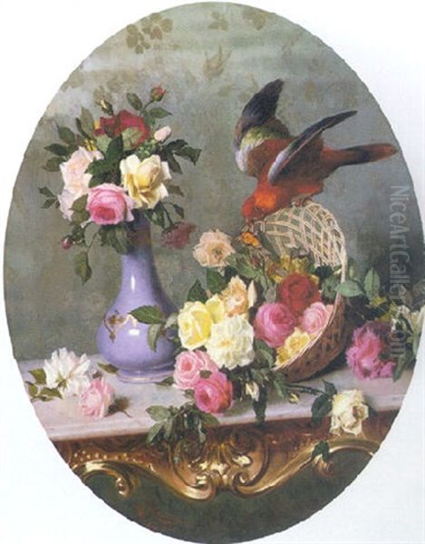 Still Life With Roses, Butterfly And A Parrot Oil Painting by Oreste Costa