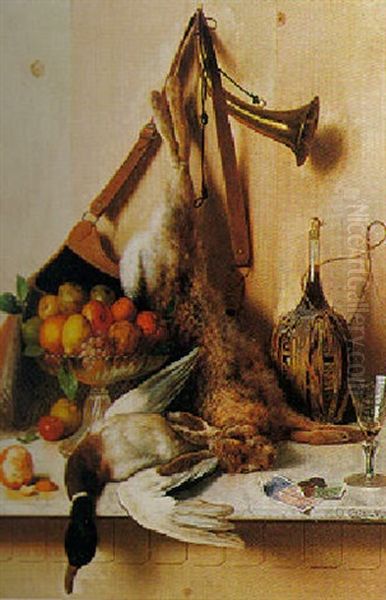 Still Life With Game, Fruit And Wine Oil Painting by Oreste Costa