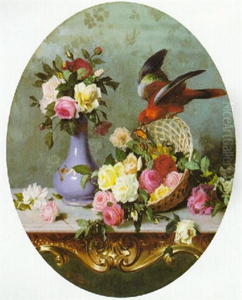 Still Life With Roses, Butterfly And A Parrot Oil Painting by Oreste Costa