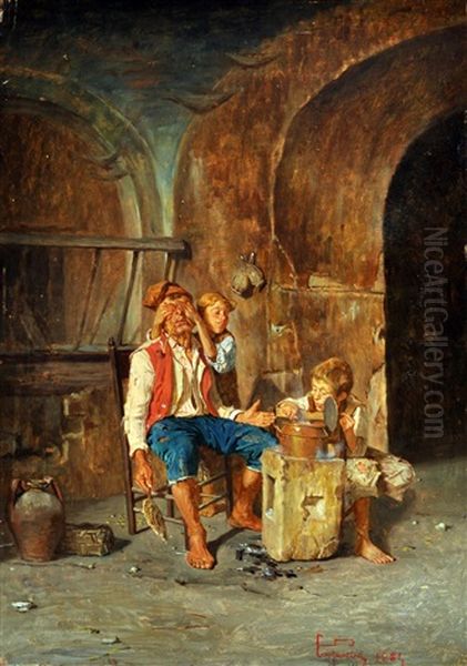 Uno Scherzo Al Nonno Oil Painting by Giuseppe Costantini