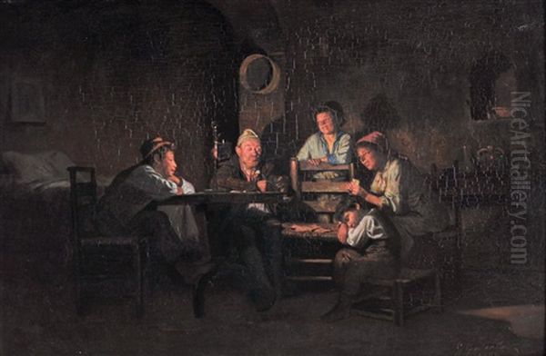 Una Partita A Carte In Famiglia Oil Painting by Giuseppe Costantini