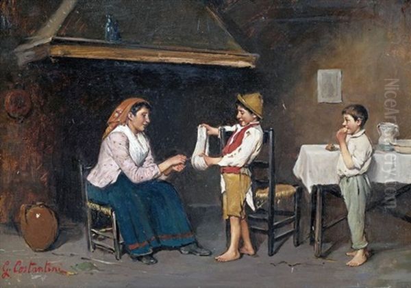 Bauerliches Kucheninterieur Mit Mutter Und Kindern Oil Painting by Giuseppe Costantini