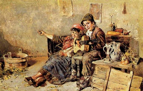 Piccoli Contadini Con Chitarra Oil Painting by Giuseppe Costantini