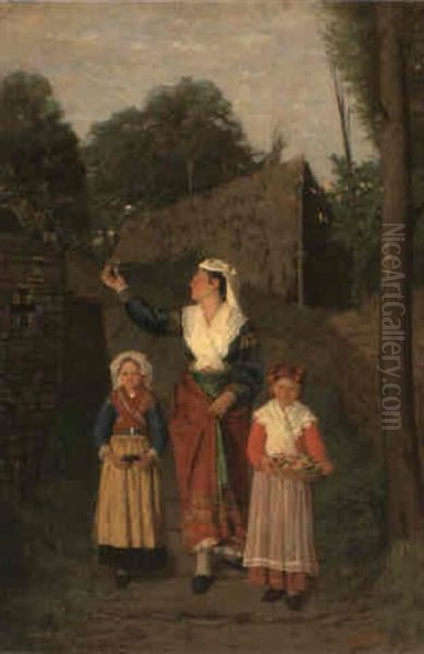 Picking Flowers Along A Walled Country Path Oil Painting by Giuseppe Costantini