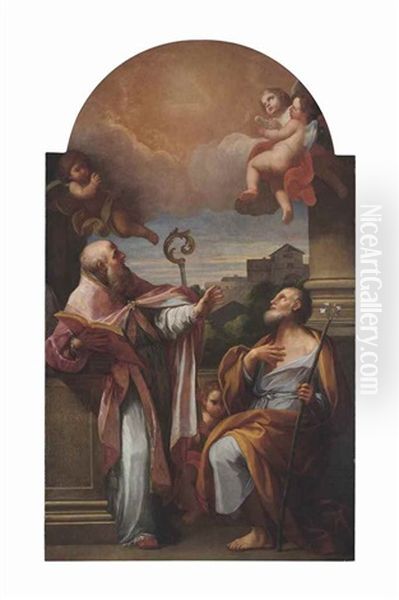 Saint Aldebrando Of Fossembrone And Saint Joseph Oil Painting by Placido Costanzi