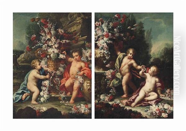 Two Putti By An Urn With Roses, Tulips And Other Flowers, Near A Tomb, A Fountain And A Village Beyond; And Two Putti With Roses, Carnations And Other Flowers In A Sculpted Urn In A Wooded Landscape Oil Painting by Placido Costanzi