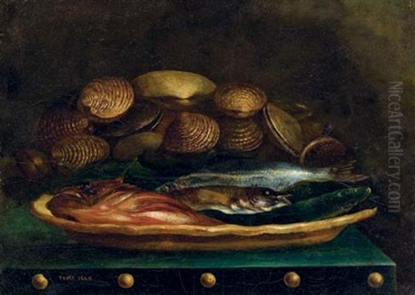 Nature Morte, Poissons Et Coquillages Sur Un Entablement Oil Painting by Gaspard Coste