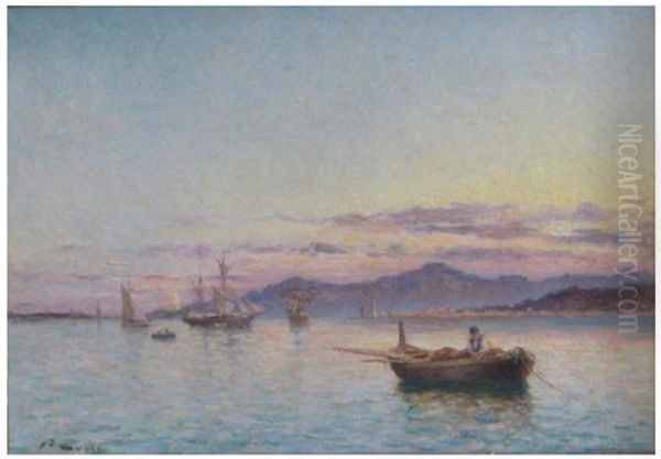 Pecheur Remaillant Ses Filets Dans Une Barque, Le Soir Oil Painting by Victor Coste