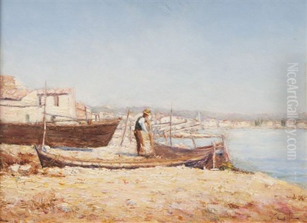 Barques Sur La Greve Oil Painting by Victor Coste