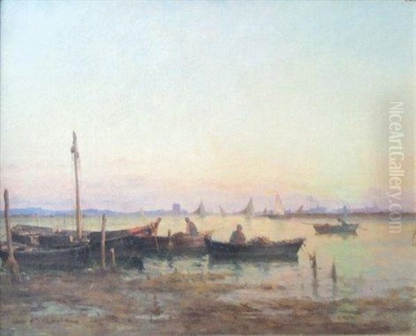 Barques De Pecheur Sur La Greve Oil Painting by Victor Coste