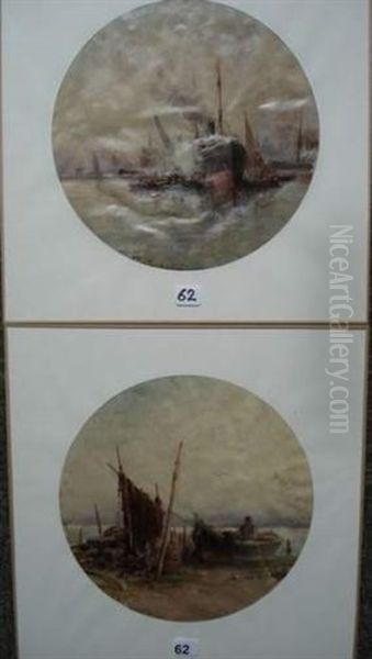 Bateau Au Port (+ Pecheur Et Sa Barque Sur La Greve; 2 Works) Oil Painting by Victor Coste